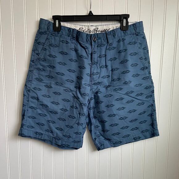 Eddie Bauer Shorts Mens 33 Blue Geometric Legend Wash Khaki Chinos Flat Front - Picture 1 of 5